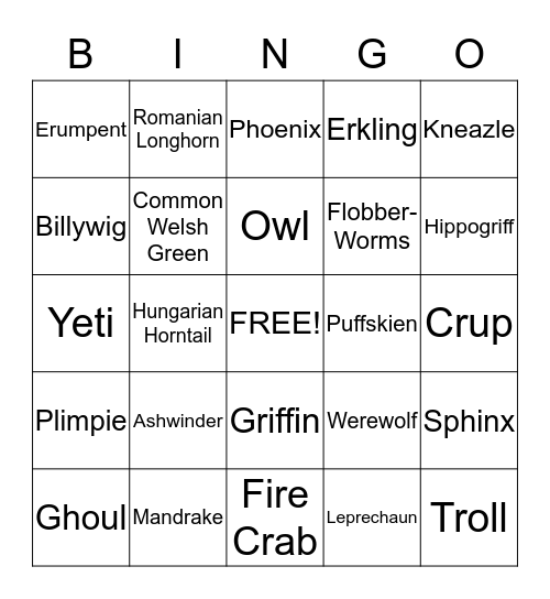 Harry Potter - Care of Magical Creatures Bingo Card