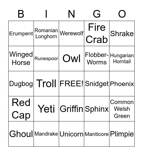 Harry Potter - Care of Magical Creatures Bingo Card