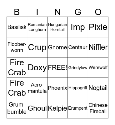 Harry Potter - Care of Magical Creatures Bingo Card