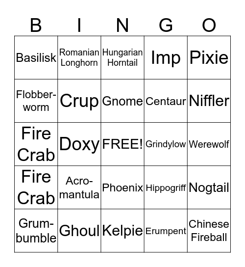 Harry Potter - Care of Magical Creatures Bingo Card