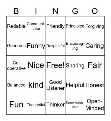 Friendship Bingo Card