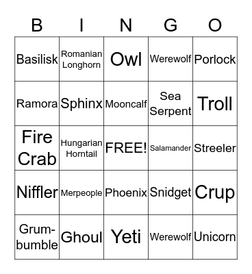 Harry Potter - Care of Magical Creatures Bingo Card
