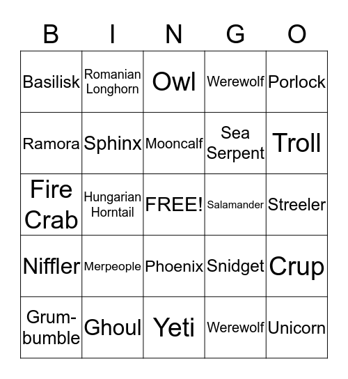 Harry Potter - Care of Magical Creatures Bingo Card