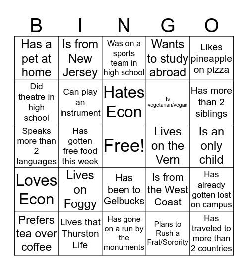 First-Year Experience Bingo Card