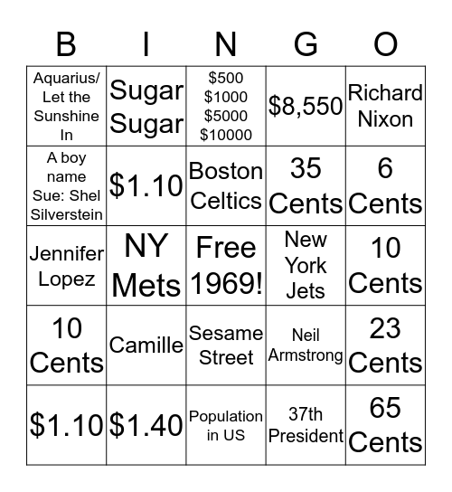 1969 Bingo Card