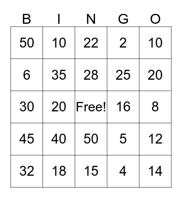 2s and 5s Multiplication Bingo Card