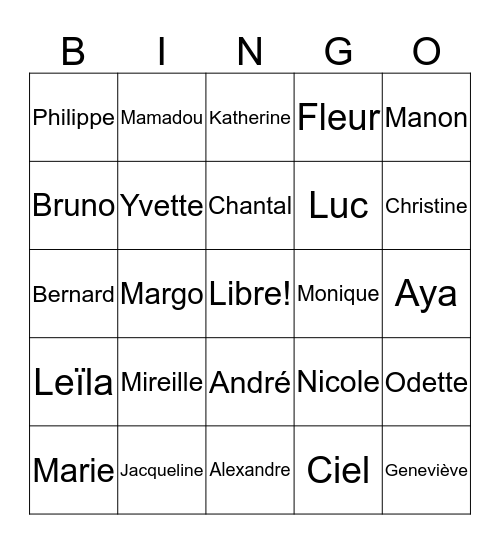 Je m'appelle... Bingo Card
