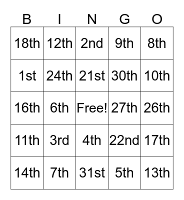 Days of the month Bingo Card