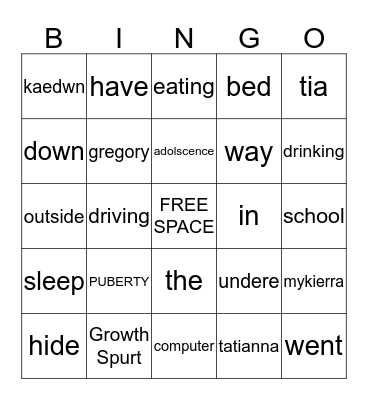 Adolescent Bingo Card