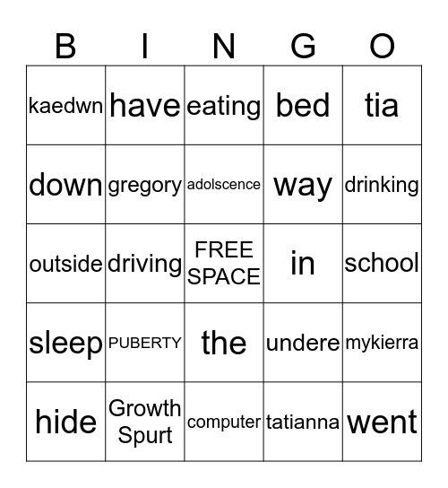 Adolescent Bingo Card