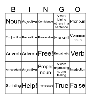 PARTS OF SPEECH Bingo Card