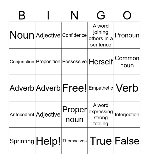 PARTS OF SPEECH Bingo Card