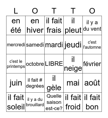 La Date, Le Temps, Les Saisons Bingo Card