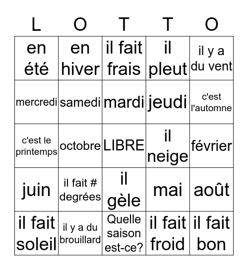 La Date, Le Temps, Les Saisons Bingo Card