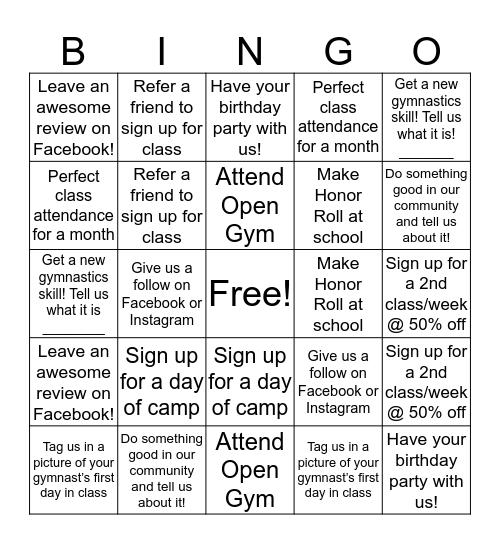 Knightdale Gymnastics BINGO Card