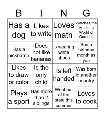 Getting to Know You Bingo Card