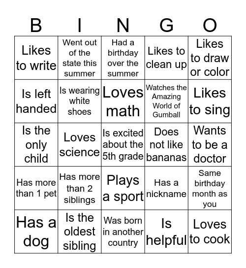 Getting to Know You Bingo Card