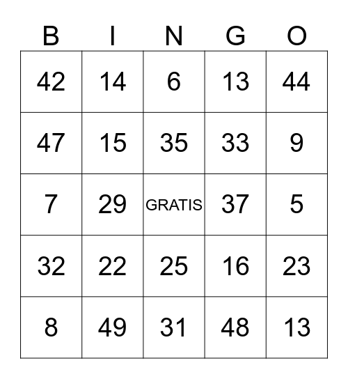 Los numeros Bingo Card