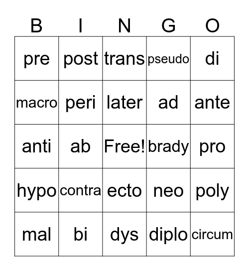 Prefix Vocab Bingo Card