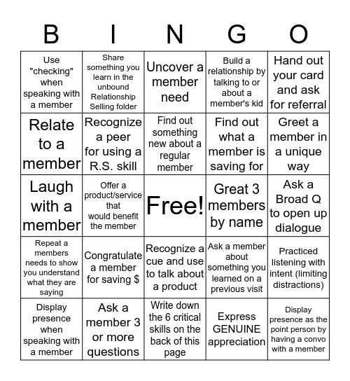 Relationship Selling and 6 Critical Skill Bingo Card