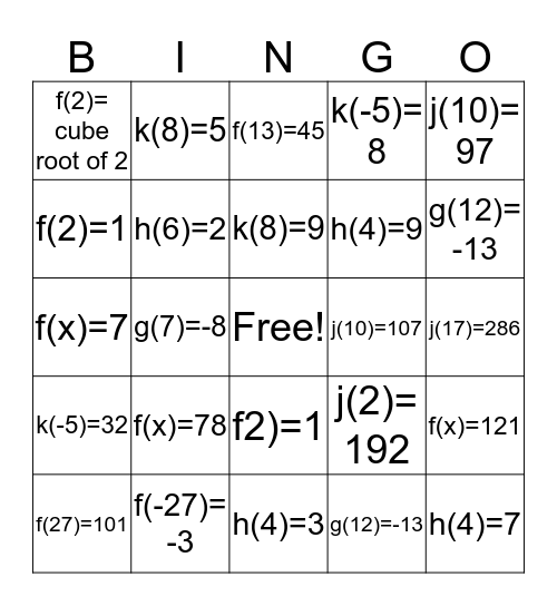 Function Bingo Card