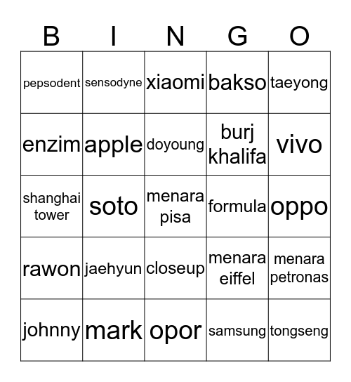 punya jenara Bingo Card