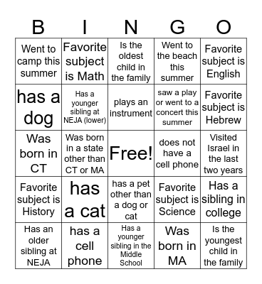 NEJA NINTH GRADE Bingo Card