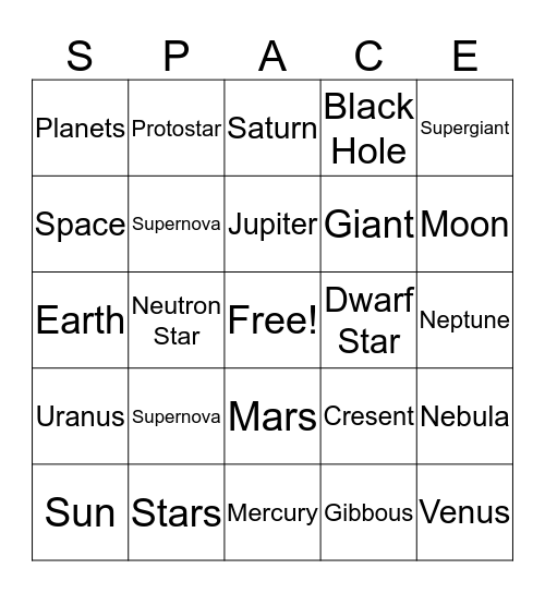 Space- Planets, Moon, Stars Bingo Card