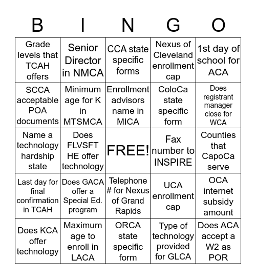 CA Schools Bingo Card