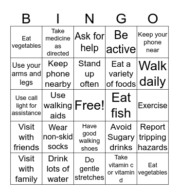 Fall Prevention Bingo Card