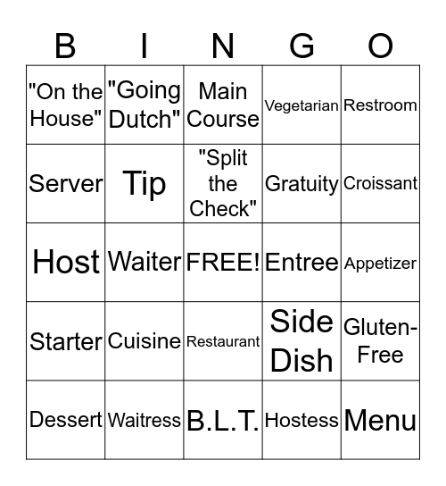 Restaurant Bingo Card