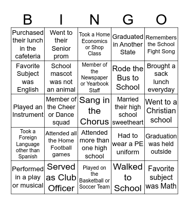 High School Memories Bingo Card