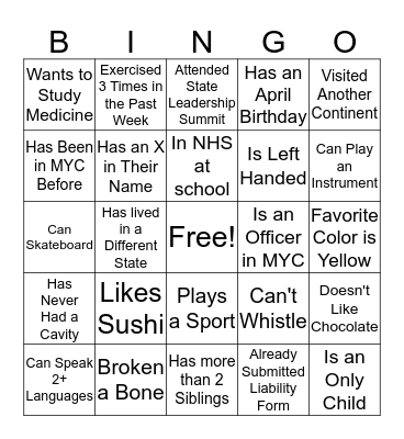 Mayor's Youth Coucil Bingo Card