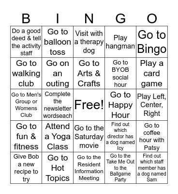 September Activity Bingo Card