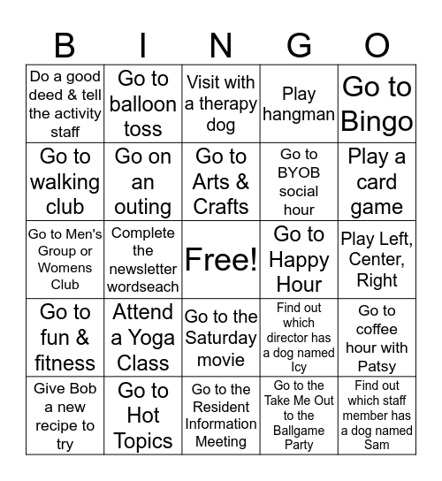 September Activity Bingo Card