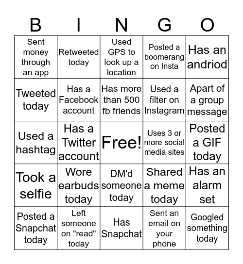 Cell Phone Bingo Card