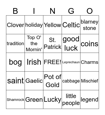 St Patrick's Day Bingo Card