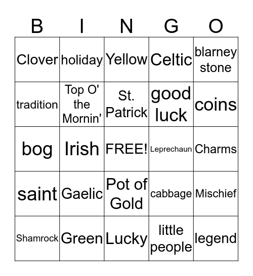 St Patrick's Day Bingo Card