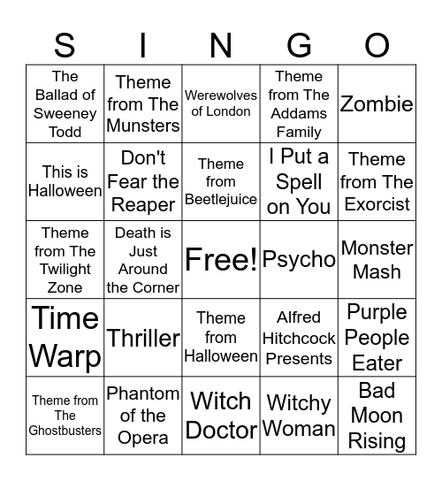 Halloween Sing-o Bingo Card