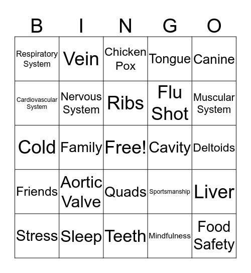 PE/Health Bingo Card