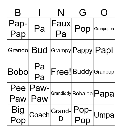Names for Grandfather Bingo Card
