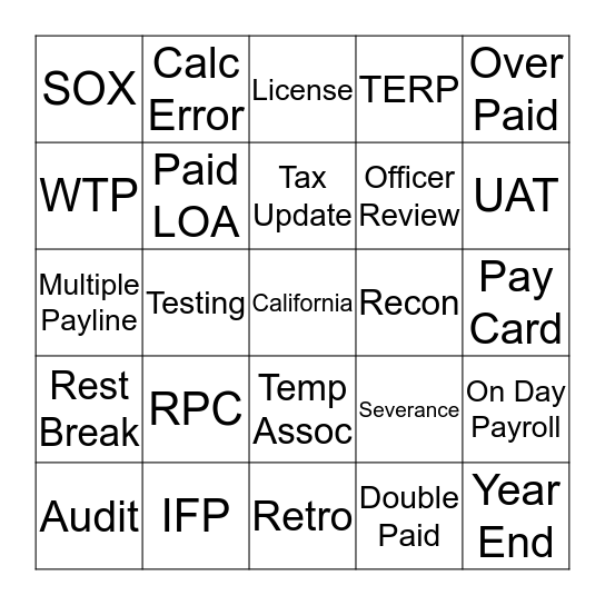National Payroll week Bingo Card