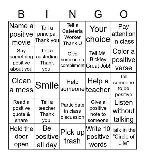 Positive Actions at School Bingo Card