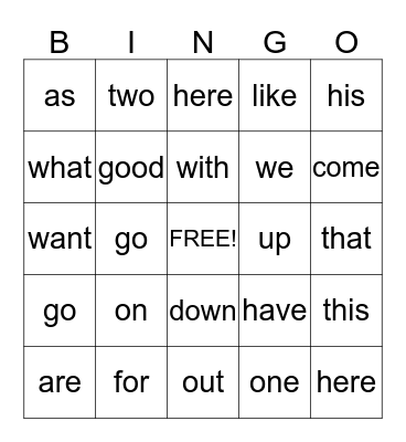 Sight Words Bingo Card