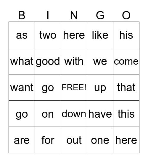 Sight Words Bingo Card