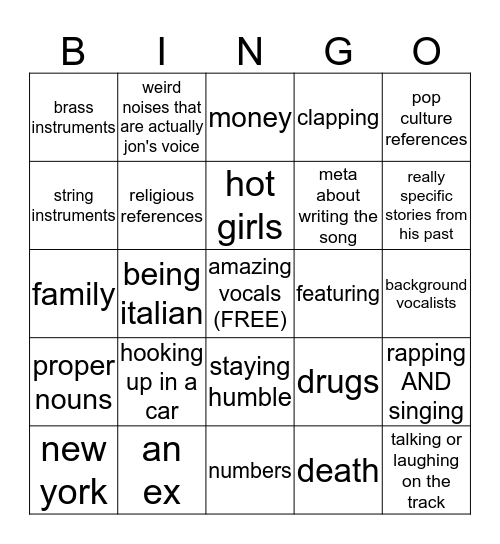 Jon Bellion Bingo Card