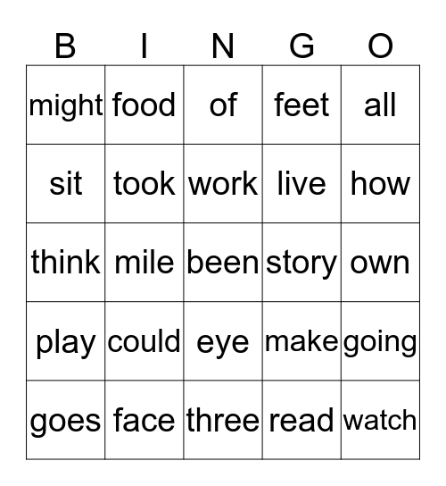 Sight Word (Card 5) Bingo Card