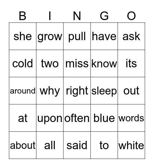 Sight Word Card 6 Bingo Card