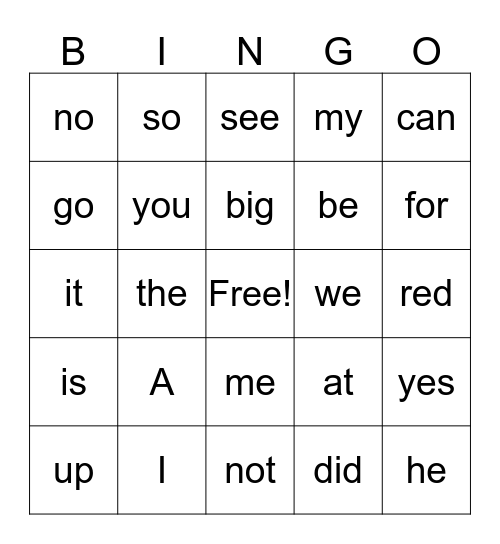 Red Sight Word Bingo Card