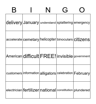 Multisyllabic words in isolation Bingo Card
